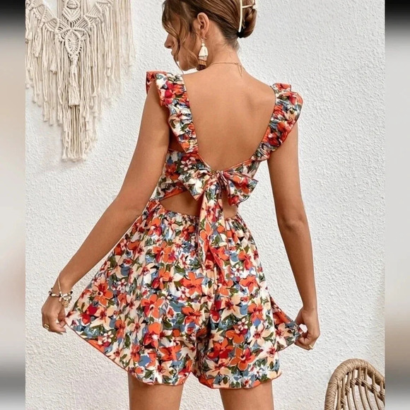 Frenchy Women Bow Backless Back Tie Leaf Edge Vacation Printed Red Summer - Picture 3 of 4